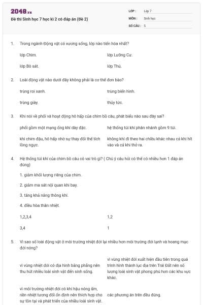 Đề thi Sinh học 7 học kì 2 có đáp án (Đề 2)