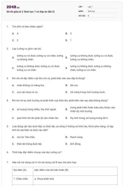 Đề thi giữa kì 2 Sinh học 7 có đáp án (Đề 5)
