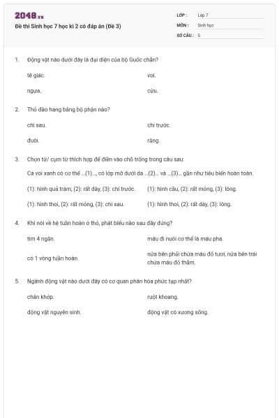 Đề thi Sinh học 7 học kì 2 có đáp án (Đề 3)