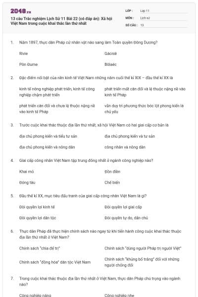 13 câu Trắc nghiệm Lịch Sử 11 Bài 22 (có đáp án): Xã hội Việt Nam trong cuộc khai thác lần thứ nhất