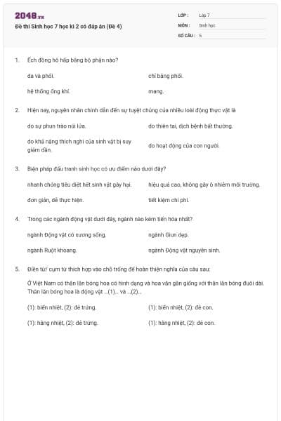 Đề thi Sinh học 7 học kì 2 có đáp án (Đề 4)