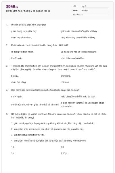 Đề thi Sinh học 7 học kì 2 có đáp án (Đề 5)