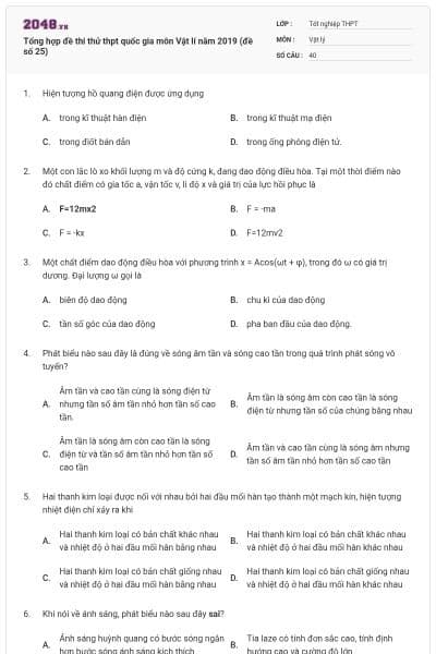 Tổng hợp đề thi thử thpt quốc gia môn Vật lí năm 2019 (đề số 25)