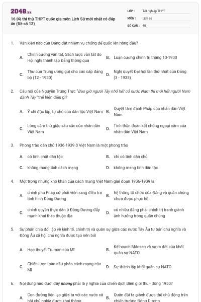 16 Đề thi thử THPT quốc gia môn Lịch Sử mới nhất có đáp án (Đề số 13)
