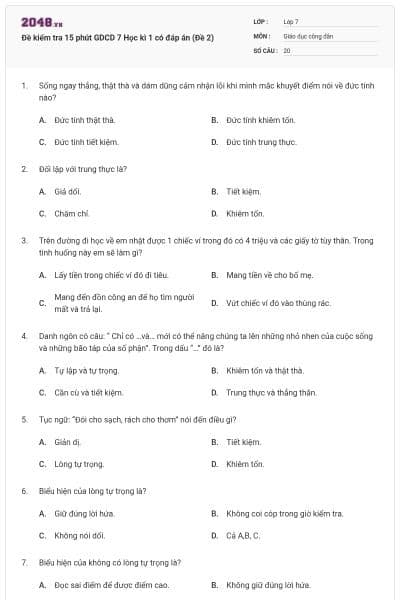 Đề kiểm tra 15 phút GDCD 7 Học kì 1 có đáp án (Đề 2)