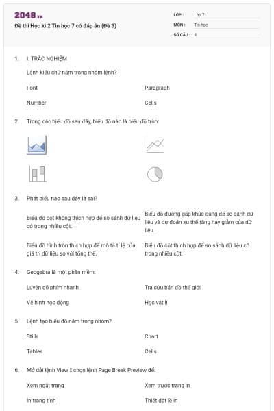 Đề thi Học kì 2 Tin học 7 có đáp án (Đề 3)