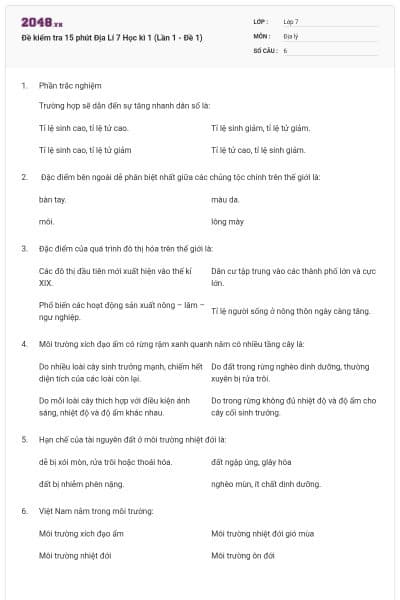 Đề kiểm tra 15 phút Địa Lí 7 Học kì 1 (Lần 1 - Đề 1)
