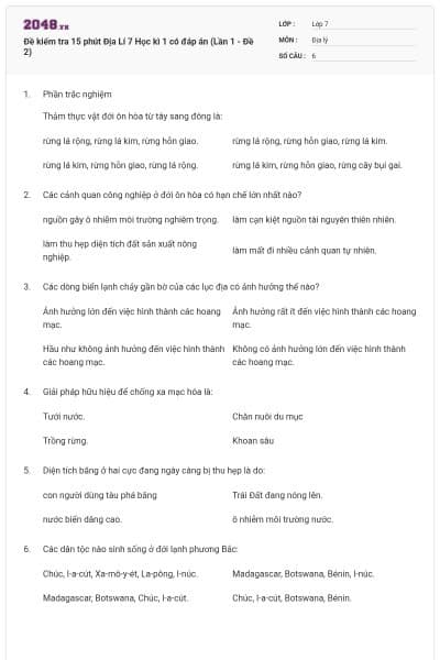 Đề kiểm tra 15 phút Địa Lí 7 Học kì 1 có đáp án (Lần 1 - Đề 2)