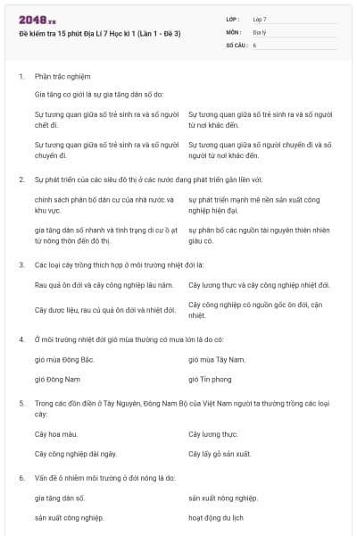 Đề kiểm tra 15 phút Địa Lí 7 Học kì 1 (Lần 1 - Đề 3)