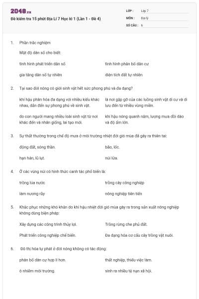 Đề kiểm tra 15 phút Địa Lí 7 Học kì 1 (Lần 1 - Đề 4)