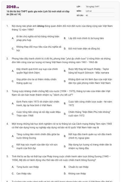 16 Đề thi thử THPT quốc gia môn Lịch Sử mới nhất có đáp án (Đề số 14)