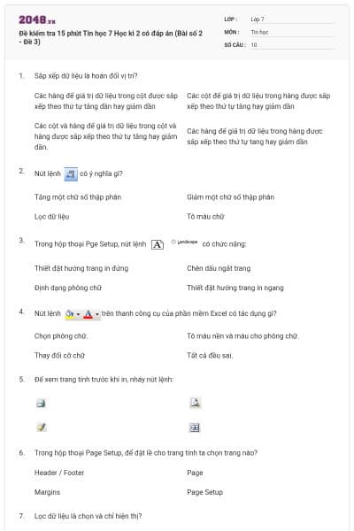 Đề kiểm tra 15 phút Tin học 7 Học kì 2 có đáp án (Bài số 2 - Đề 3)