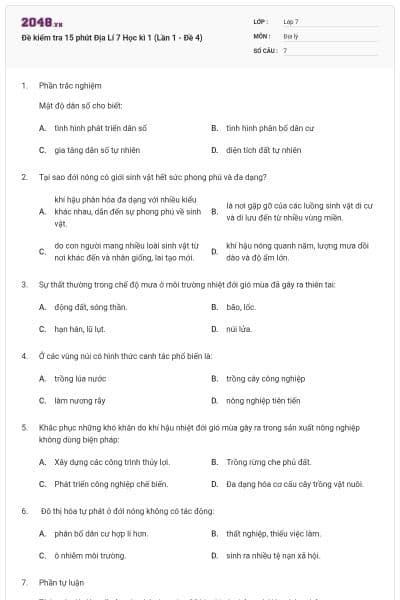 Đề kiểm tra 15 phút Địa Lí 7 Học kì 1 (Lần 1 - Đề 4)