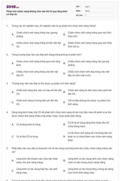 Phân tích chùm sáng không đơn sắc khi đi qua lăng kính có đáp án