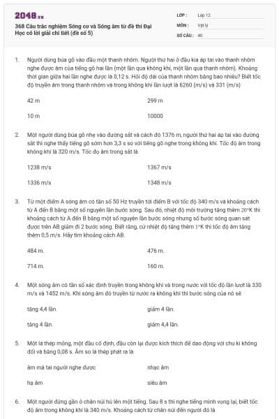 368 Câu trắc nghiệm Sóng cơ và Sóng âm từ đề thi Đại Học có lời giải chi tiết (đề số 5)