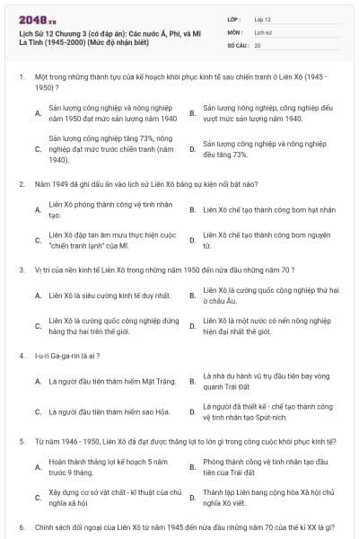 Lịch Sử 12 Chương 3 (có đáp án): Các nước Á, Phi, và Mĩ La Tinh (1945-2000) (Mức độ nhận biết)