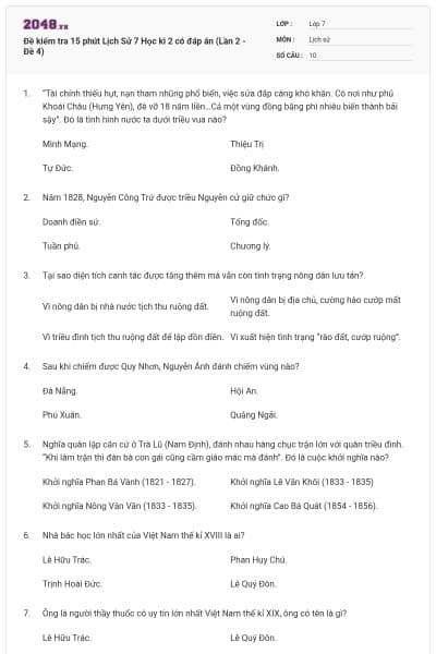 Đề kiểm tra 15 phút Lịch Sử 7 Học kì 2 có đáp án (Lần 2 - Đề 4)