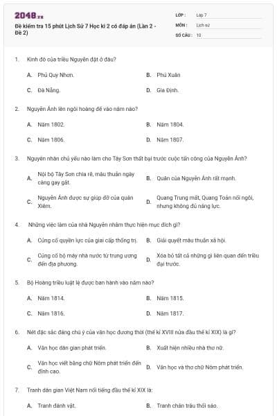 Đề kiểm tra 15 phút Lịch Sử 7 Học kì 2 có đáp án (Lần 2 - Đề 2)