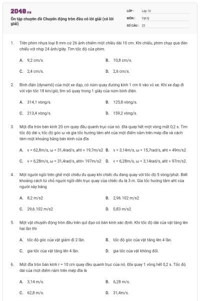 Ôn tập chuyên đề Chuyển động tròn đều có lời giải (có lời giải)