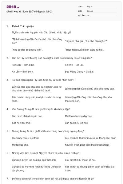 Đề thi Học kì 1 Lịch Sử 7 có đáp án (Đề 2)