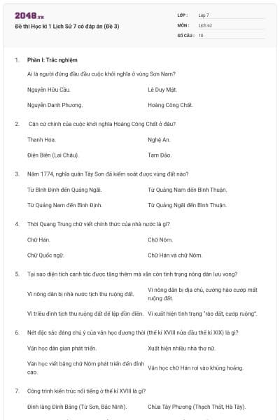 Đề thi Học kì 1 Lịch Sử 7 có đáp án (Đề 3)