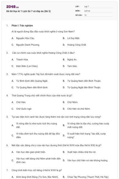 Đề thi Học kì 1 Lịch Sử 7 có đáp án (Đề 3)