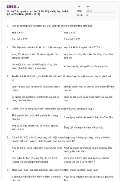 18 câu Trắc nghiệm Lịch Sử 11 Bài 25 (có đáp án): Sơ kết lịch sử Việt Nam (1858 - 1918)