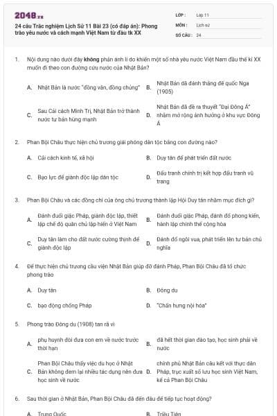 24 câu Trắc nghiệm Lịch Sử 11 Bài 23 (có đáp án): Phong trào yêu nước và cách mạnh Việt Nam từ đầu tk XX