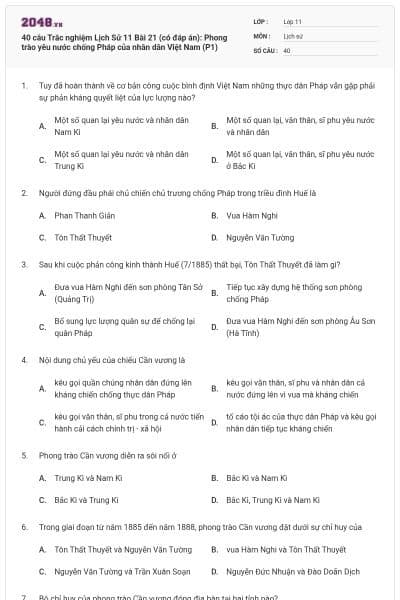 40 câu Trắc nghiệm Lịch Sử 11 Bài 21 (có đáp án): Phong trào yêu nước chống Pháp của nhân dân Việt Nam (P1)