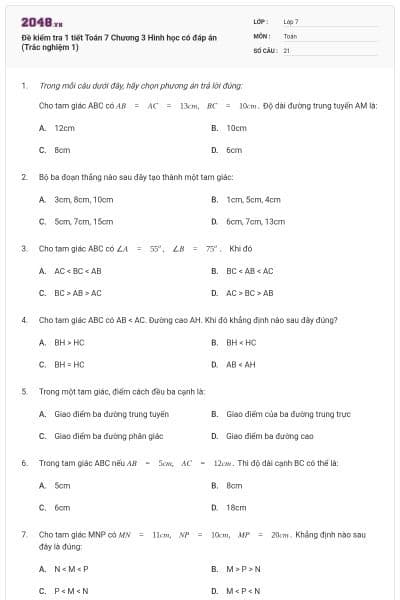 Đề kiểm tra 1 tiết Toán 7 Chương 3 Hình học có đáp án (Trắc nghiệm 1)