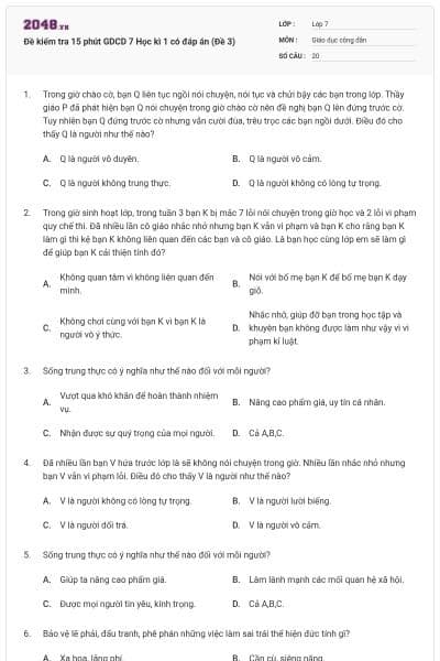Đề kiểm tra 15 phút GDCD 7 Học kì 1 có đáp án (Đề 3)