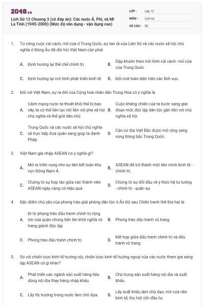 Lịch Sử 12 Chương 3 (có đáp án): Các nước Á, Phi, và Mĩ La Tinh (1945-2000) (Mức độ vân dụng - vận dụng cao)