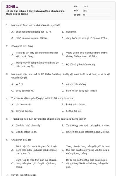 40 câu trắc nghiệm lí thuyết chuyển động, chuyên động thẳng đều có đáp án