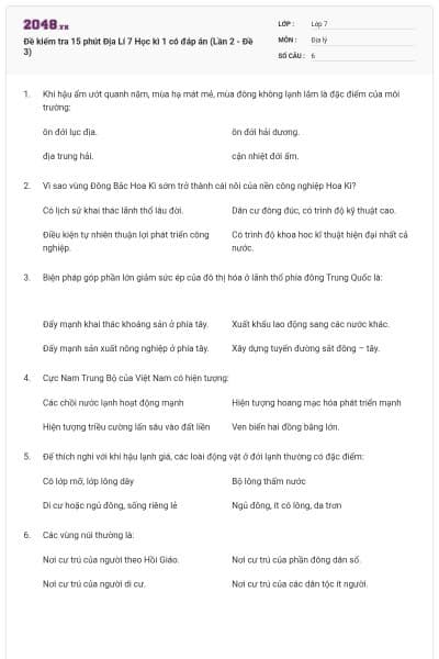 Đề kiểm tra 15 phút Địa Lí 7 Học kì 1 có đáp án (Lần 2 - Đề 3)
