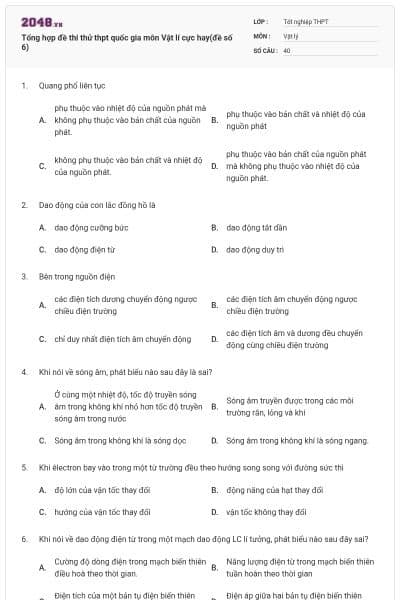 Tổng hợp đề thi thử thpt quốc gia môn Vật lí cực hay(đề số 6)