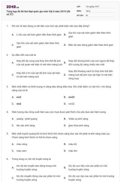 Tổng hợp đề thi thử thpt quốc gia môn Vật lí năm 2019 (đề số 27)