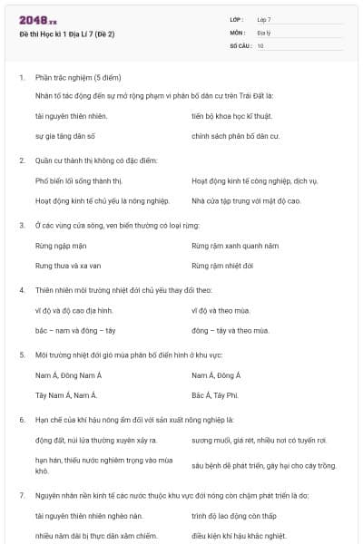 Đề thi Học kì 1 Địa Lí 7 (Đề 2)