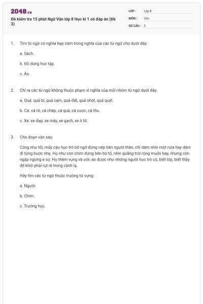 Đề kiểm tra 15 phút Ngữ Văn lớp 8 Học kì 1 có đáp án (Đề 3)