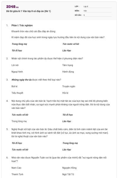 Đề thi giữa kì 1 Văn lớp 8 có đáp án (Đề 1)