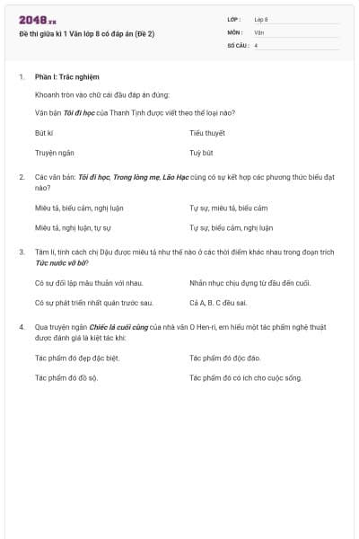Đề thi giữa kì 1 Văn lớp 8 có đáp án (Đề 2)