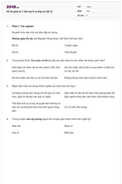 Đề thi giữa kì 1 Văn lớp 8 có đáp án (Đề 3)