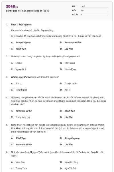 Đề thi giữa kì 1 Văn lớp 8 có đáp án (Đề 1)