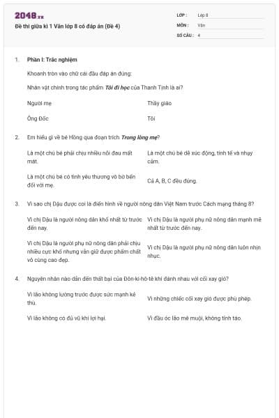 Đề thi giữa kì 1 Văn lớp 8 có đáp án (Đề 4)