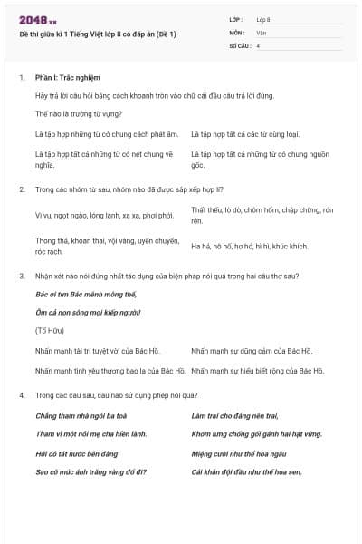 Đề thi giữa kì 1 Tiếng Việt lớp 8 có đáp án (Đề 1)