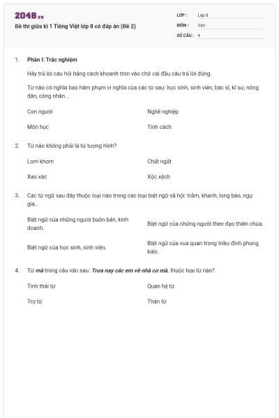 Đề thi giữa kì 1 Tiếng Việt lớp 8 có đáp án (Đề 2)