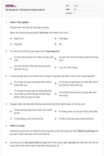 Đề thi giữa kì 1 Văn lớp 8 có đáp án (Đề 4)