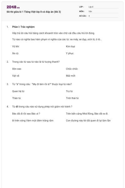 Đề thi giữa kì 1 Tiếng Việt lớp 8 có đáp án (Đề 3)