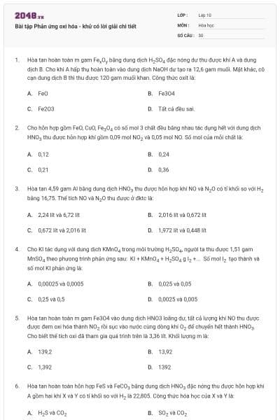 Bài tập Phản ứng oxi hóa - khử có lời giải chi tiết