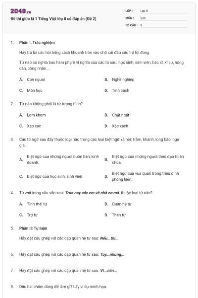 Đề thi giữa kì 1 Tiếng Việt lớp 8 có đáp án (Đề 2)