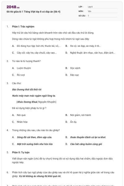 Đề thi giữa kì 1 Tiếng Việt lớp 8 có đáp án (Đề 4)